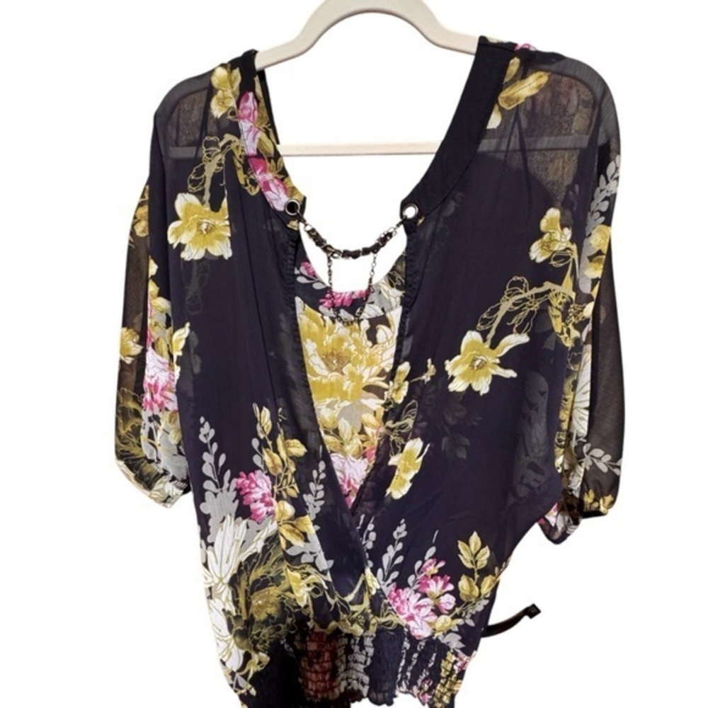 GUESS Y2K Vintage Floral Sheer Peasant Top Open Back/Chain accents cottagecore